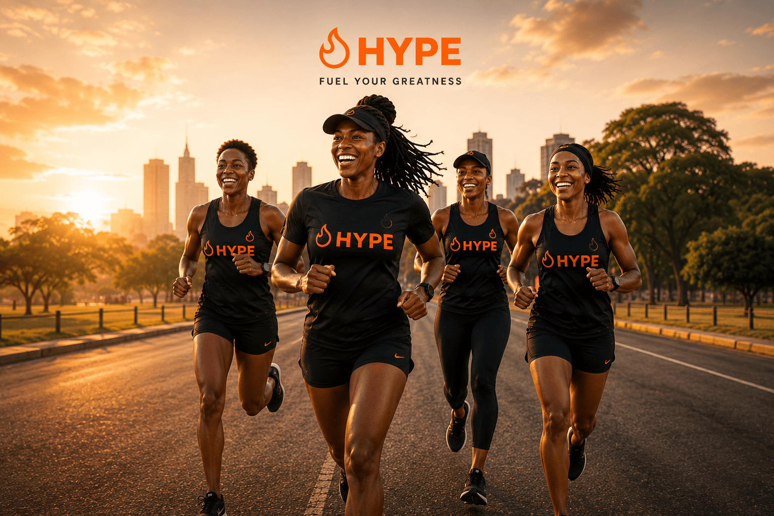 HYPE Fitness — Fuel Your Greatness. Four Zimbabwean women in HYPE kit running down a city road at sunrise, Harare skyline behind them.